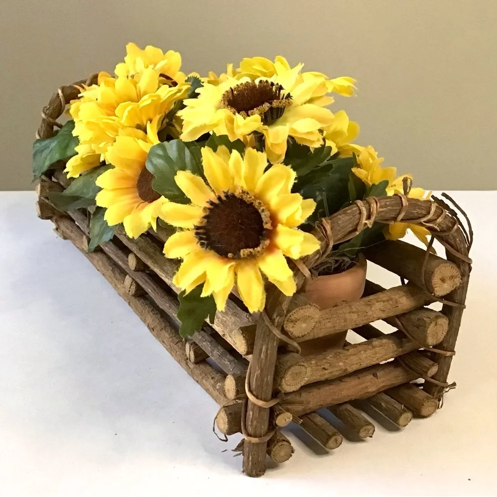 Twig Stick Basket & Mini Terracotta Pots Artificial Flowers Primitive Rustic